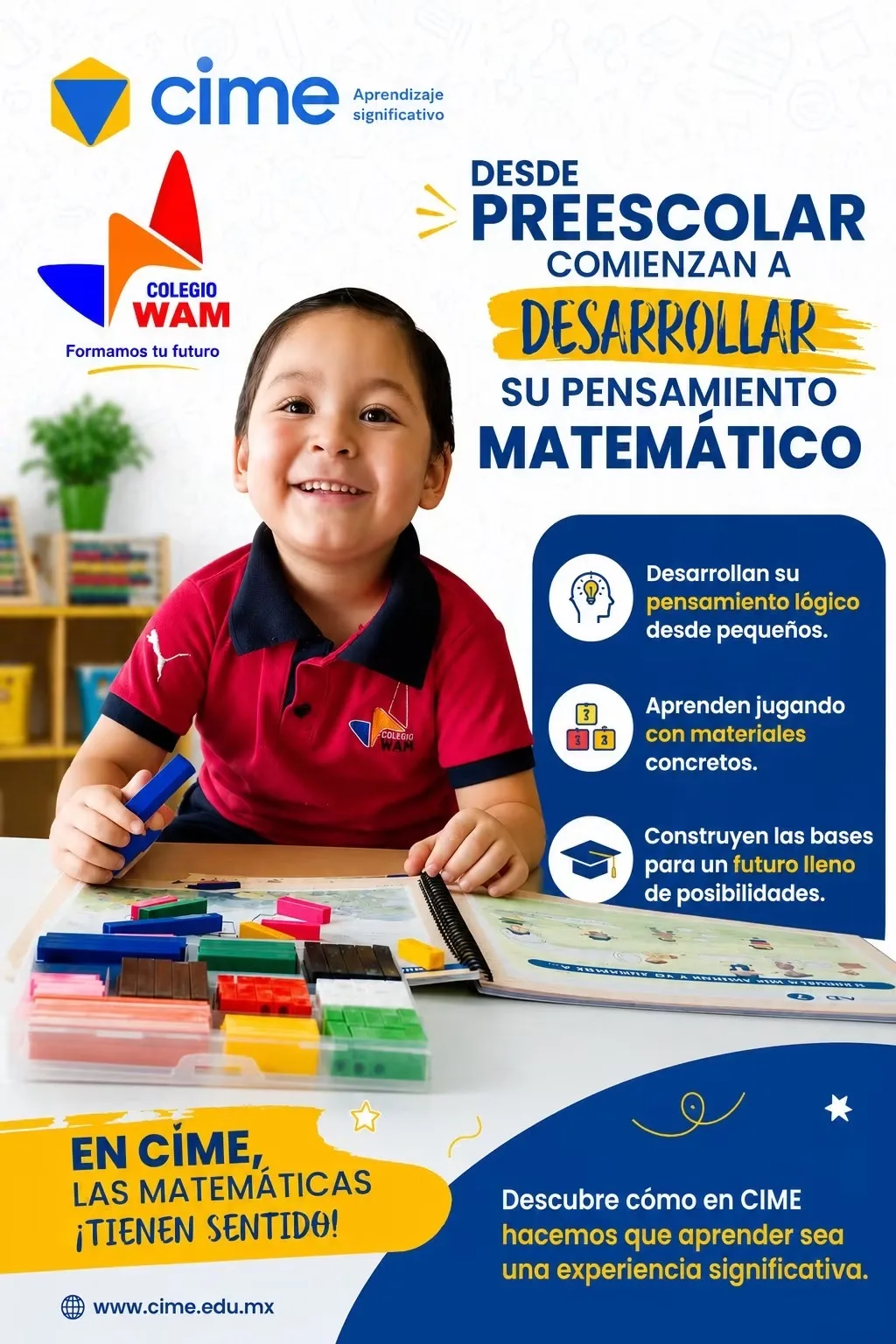 Alumno de preescolar de Colegio WAM trabajando con material de matemáticas CIME